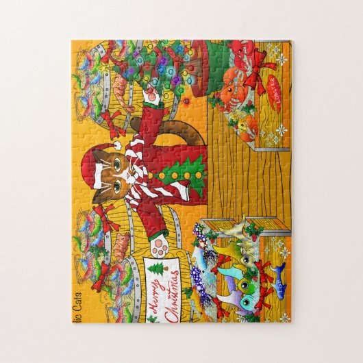 Puzzle Marché de poisson de Noël Stand Chat (Vertical)