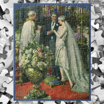 Puzzle Mariage Vintage, Mariée et Marié avec Menorah<br><div class="desc">Illustration vintage d'amour et de romance de cérémonie de mariage représentant un couple se mariant dans une belle synagogue avec des vitraux, des fleurs et une menorah à sept branches. La mariée porte une longue robe de mariée blanche et le marié est élégant dans son smoking.</div>