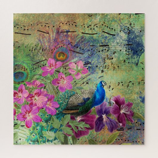 Puzzle Marine Blue Peacock rose Fleurs Notes musicales (Vertical)