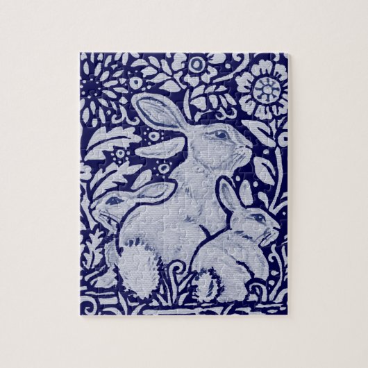 Puzzle Marine Blue & White Lapin Famille et fleurs de lap (Vertical)
