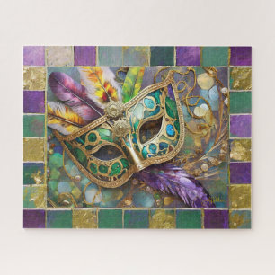 Puzzle Masque Mardi Gras Gold & Green en plumes colorées