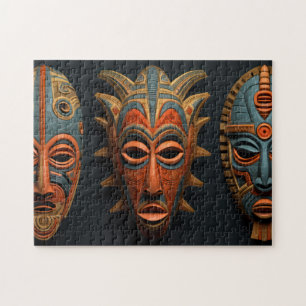 Puzzle Masques africains en orange et bleu turquoise