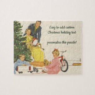 Puzzle Matin de Noël vintage, famille ouvrant des cadeaux