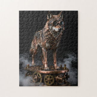 Puzzle mécanique de loup steampunk sur engrenages