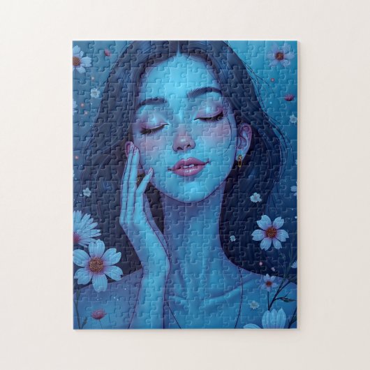 Puzzle Méditation Anime Bleu Femme Florale (Vertical)