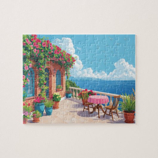 Puzzle Mediterranean Terrace Ocean View Coastal Art (Horizontal)