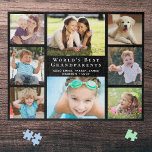 Puzzle Meilleurs grands-parents du monde 8 photo noir<br><div class="desc">Ce puzzle de huit collages photo sera un cadeau amusant pour les meilleurs grands-parents du monde. Personnalisez avec 8 photos de petits-enfants, d'enfants, d'autres membres de la famille, d'animaux domestiques, etc, personnalisez l'expression "Meilleurs grands-parents du monde" si désiré et ajoutez les noms des petits-enfants, le tout dans la typographie blanche...</div>