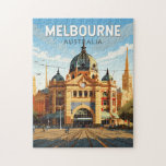 Puzzle Melbourne Australie Travel Art Vintage<br><div class="desc">Conception rétro de voyage vectoriel Melbourne. Melbourne est la capitale côtière de l'État de Victoria,  dans le sud-est de l'Australie. Au centre de la ville se trouve le développement Carré moderne de la Fédération,  avec des places,  des bars et des restaurants au bord de la rivière Yarra.</div>