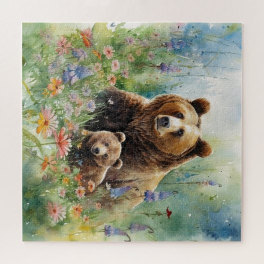 Puzzle Mère Bear Cub Champ de fleurs Peinture (Horizontal)
