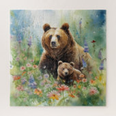 Puzzle Mère Bear Cub Champ de fleurs Peinture (Vertical)