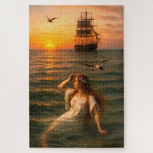 Puzzle Mermaid Looking At Sailing Ship At Sunset (Vertical)