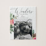 Puzzle Merveilles de son amour Noël script floral photo<br><div class="desc">Écriture religieuse de Noël photo puzzle "Merveilles de son amour" avec aquarelle hiver rose floral et branche de pin boisé. Veuillez me contacter si vous avez besoin d'autres articles.</div>