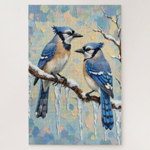Puzzle Mésanges bleues vintage sur une branche de glaçon