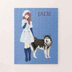Puzzle met meisje dat een husky hond loopt. Aangep Legpuzzel