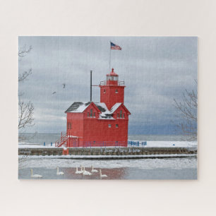 Puzzle Michigan Big Red Lighthouse avec cygnes