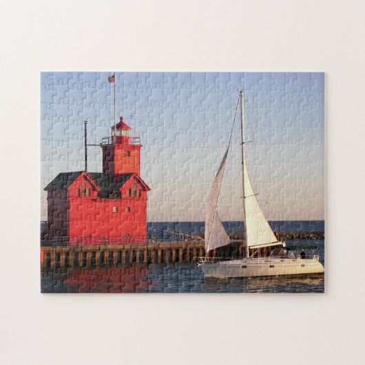 Puzzle Michigan Red Lighthouse avec voilier (Horizontal)