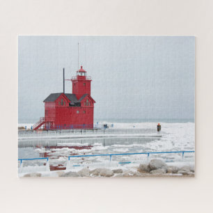 Puzzle Michigan Red Lighthouse en hiver