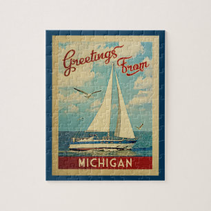 Puzzle Michigan Sailboat Vintage Travel