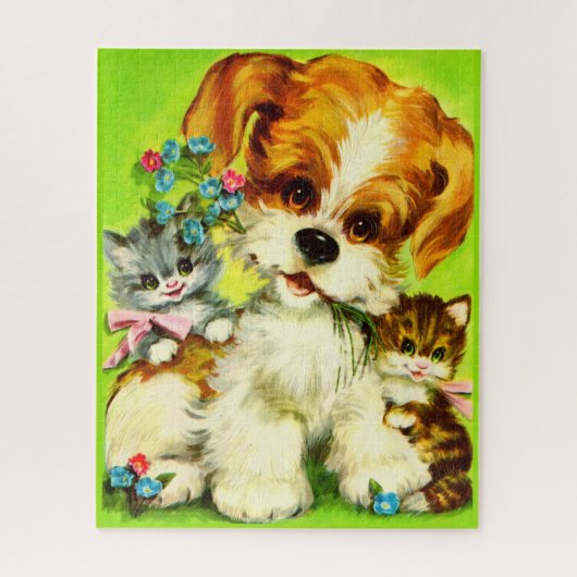 Puzzle mignon chiot et chatons souriants (Vertical)