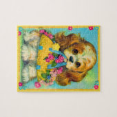 Puzzle mignon chiot tenant panier de fleurs (Horizontal)