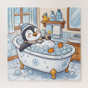 Puzzle Mignon dessin animé pingouin heureux prenant un ba