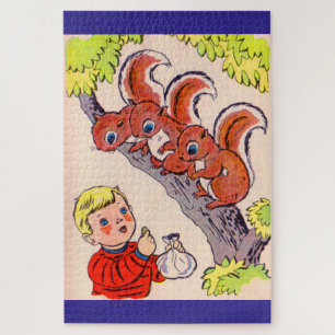 Puzzle mignon petit garçon nourrit de mignons petits écur