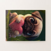 Puzzle Mignon Pug tenant un cœur (Horizontal)