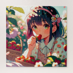 Puzzle Mignonne Anime Girl Mange des fraises Jour d'été