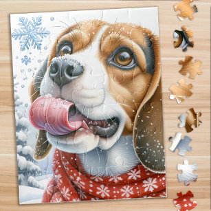 Puzzle Mignonne Beagle Chien Fête d'hiver Snowflakes Pupp