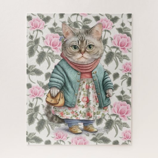 Puzzle Mignonne grand-mère chat robe fleurie rose pull (Vertical)