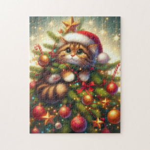 Puzzle Mignonne, malicieuse chatte dans le sapin de Noël