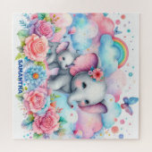 Puzzle Mignonne maman et son bébé éléphant à l'arc-en-cie (Horizontal)