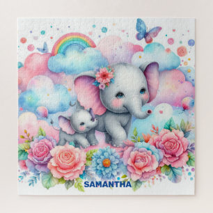 Puzzle Mignonne maman et son bébé éléphant à l'arc-en-cie