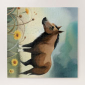 Puzzle Mignonne poney brun dans le champ floral (Horizontal)