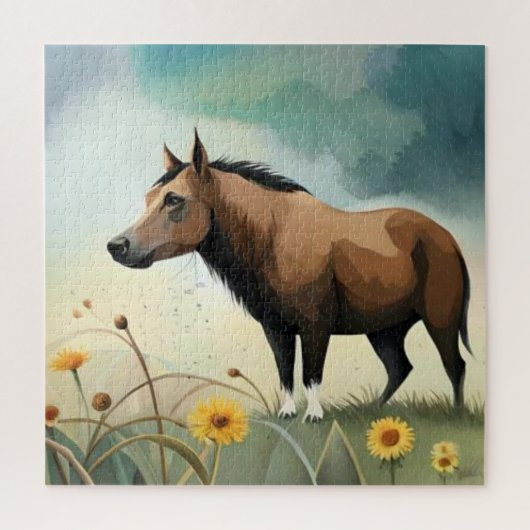 Puzzle Mignonne poney brun dans le champ floral (Vertical)