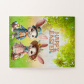 Puzzle Mignonne, Whimsical Joyeuse Pâques avec 2 lapins (Horizontal)