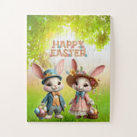 Puzzle Mignonne, Whimsical Joyeuse Pâques avec 2 lapins (Vertical)