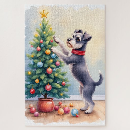 Puzzle Miniature Schnauzer Décorant l'Arbre de Noël Chien (Vertical)