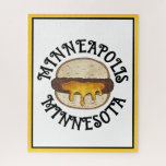 Puzzle Minneapolis Minnesota MN Juicy Lucy Cheese Burger<br><div class="desc">Design présente une illustration originale d'un cheeseburger Juicy Lucy (Jucy Lucy). Populaire dans le Minnesota et probablement inventé dans la ville de Minneapolis, cette cuisine classique est un hamburger avec du fromage farci à l'intérieur de la viande, permettant au fromage fondu de goey à goutte du hamburger une fois cuit....</div>