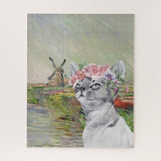 Puzzle Monet Champ Tulipes et Chat fantaisie (Vertical)