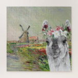 Puzzle Monet Champ Tulipes et Fancy Llama<br><div class="desc">Une belle compilation artistique présente Claude Monet CHAMP TULIPES EN HOLLANDE comme arrière - plan avec portrait d'adorable lama à l'aquarelle de couronne fleurie.</div>