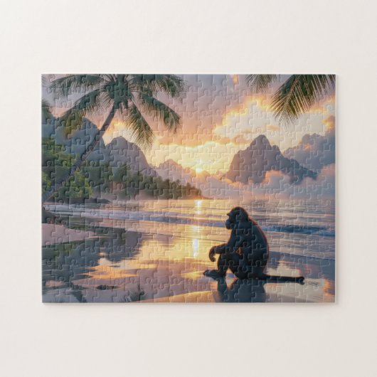 Puzzle Monkey regardant le coucher du soleil sur la plage (Horizontal)