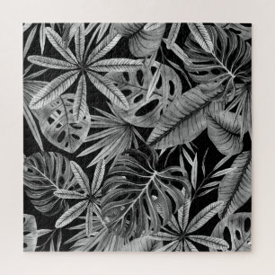 Puzzle Monochrome Tropical, Aquarelle Texture Feuille.