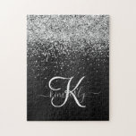 Puzzle Monogramme à étincelle noire à Parties scintillant<br><div class="desc">Personnalisez facilement ce design élégant et branché de puzzle avec une jolie parties scintillant brillante argentée sur un arrière - plan métallique brossé noir.</div>
