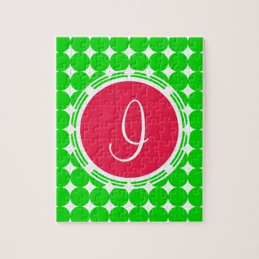 Puzzle Monogramme de point de polka rouge et vert (Vertical)