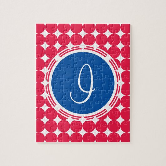 Puzzle Monogramme de point Polka bleu et rouge (Vertical)