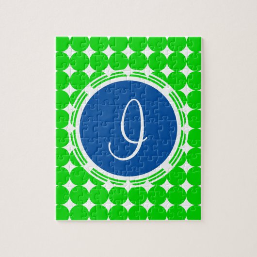 Puzzle Monogramme de point Polka bleu et vert (Vertical)