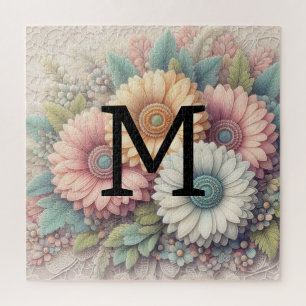 Puzzle Monogramme dentelle fleurie rose orangé marguerite