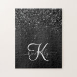 Puzzle Monogramme d'étincelle à Parties scintillant noire<br><div class="desc">Personnalisez facilement ce design élégant de puzzle à la mode avec une jolie parties scintillant brillante noire sur un arrière - plan métallique brossé noir.</div>