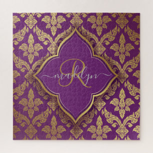 Puzzle Monogramme Fleur de motif damassé or pourpre royal